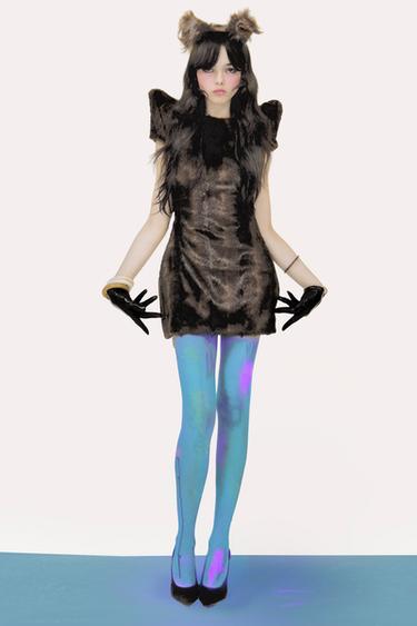 Zara CATS FAUX FUR EFFECT MINI DRESS WITH PADDED SHOULDERS - Brown