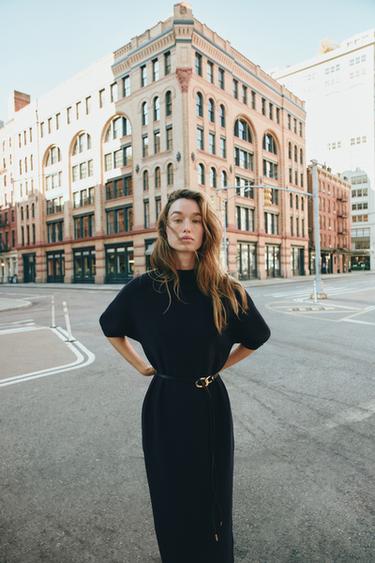 Zara BELTED KNIT MAXI DRESS - Navy blue