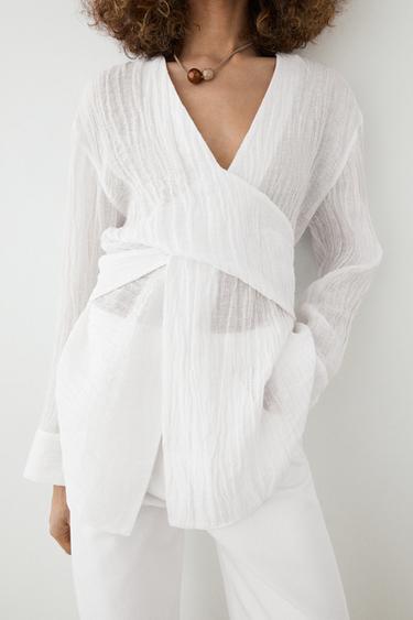 Zara Linen blend blouse with sash belt - White