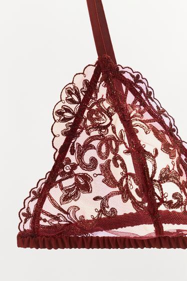 BRALETTE TRIANGULAIRE EN DENTELLE BRODÉE - Rouge foncé de Zara - Image 4