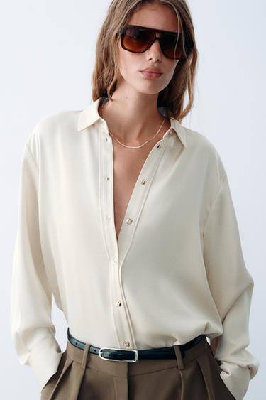 GOLD-BUTTON SATIN SHIRT — Ecru 2