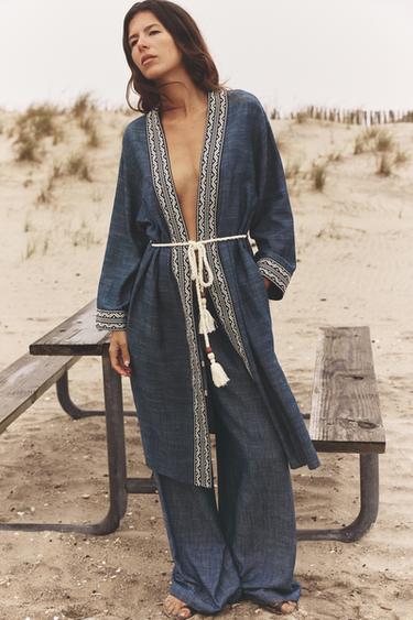 EMBROIDERED KIMONO WITH BELT - Indigo by Zara