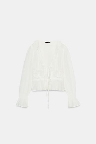 フリルと刺繍入りガーゼシャツオフホワイト0Zaraのフリルと刺繍入りガーゼシャツ - オフホワイト - 画像 0