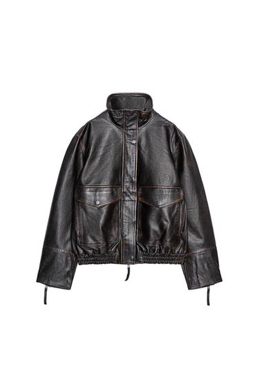 JAQUETA BOMBER PELL 100% ZW COLLECTION LIMITED EDITION - Negre de Zara