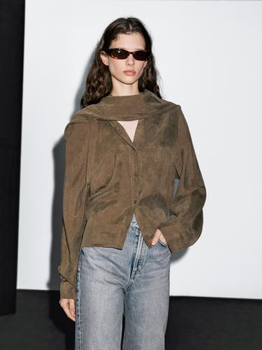 Zara Shirt with tie at the neck - Brown - Image 0