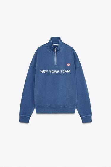 Zara 標語設計褪色效果運動衫 - 藍色
