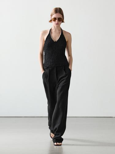 Top en grosse maille encolure américaine contrastante - Noir de Zara