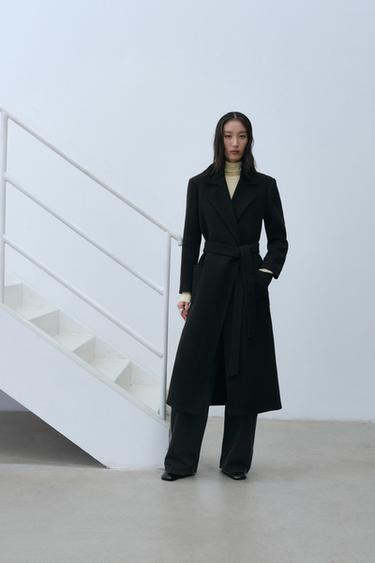 Zara 羊毛混紡繫帶大衣 - ZW COLLECTION - 黑色
