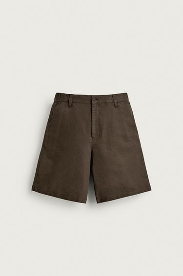 REGULAR FIT HEMP - COTTON BERMUDA SHORTS - Brown by Zara