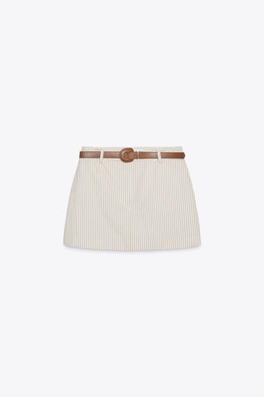 Zara STRIPED BELTED SKORT - CAMEL/WHITE - Image 0