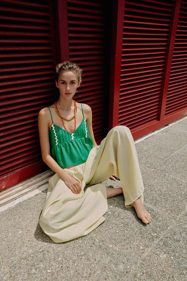 TOP À BRETELLES ET EN LIN - Vert de Zara - Image 3