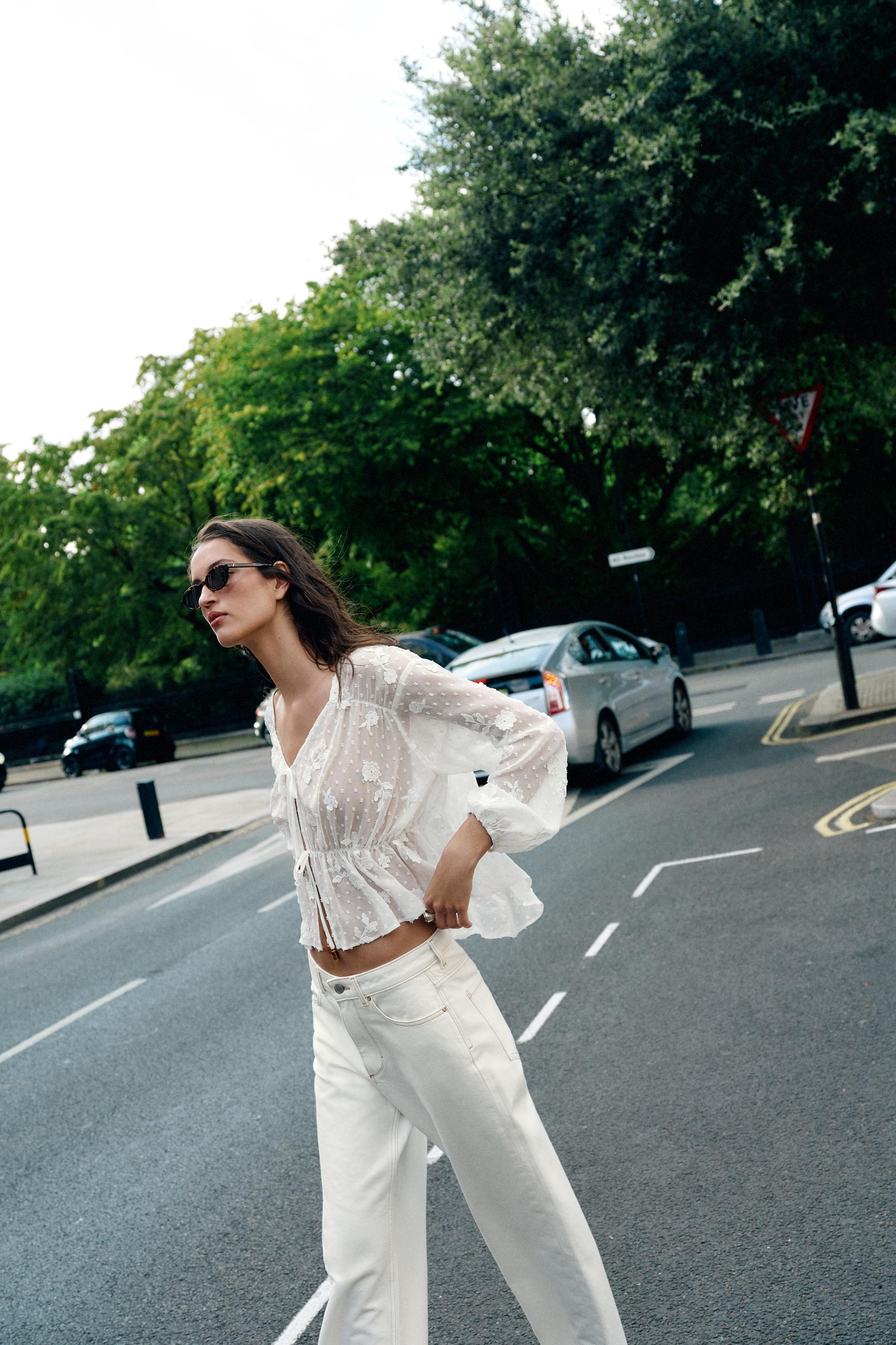 EMBROIDERED DOTTED MESH BLOUSE — White