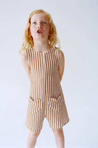 Zara SHORT STRIPED KNIT JUMPSUIT WITH POCKETS - Toffee