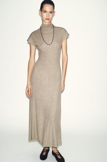 beige maxi dress zara NWT ZARA SATIN EFFECT MIDI DRESS champagne/cream lace up strappy back