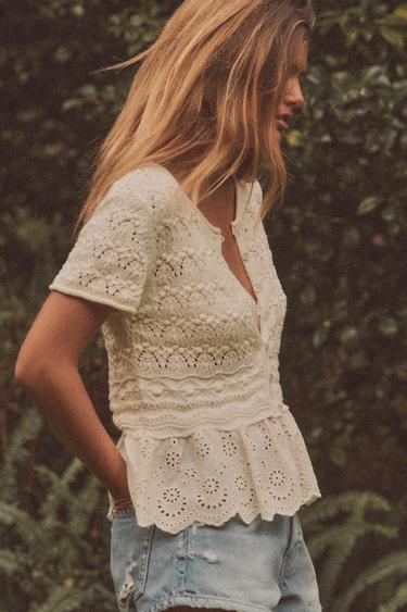 Zara ROMANTIC COMBINATION KNIT TOP - Light beige - Image 0
