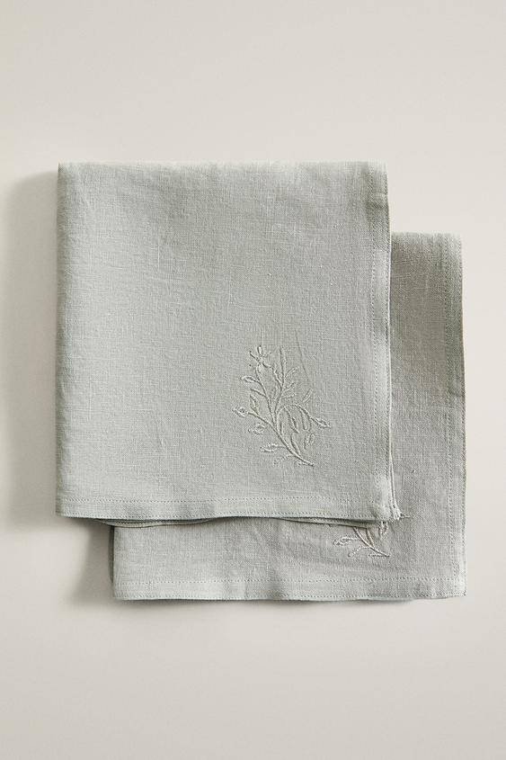 Zaras JULSERVETTER I LINNE MED BRODERI (2-PACK) - GRÖNAKTIG - Bild 0