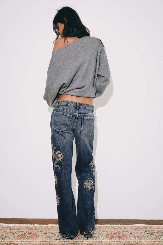 JEANS TRF WIDE LEG TAILLE BASSE À BRODERIES BRILLANT - Bleu marine de Zara - Image 3