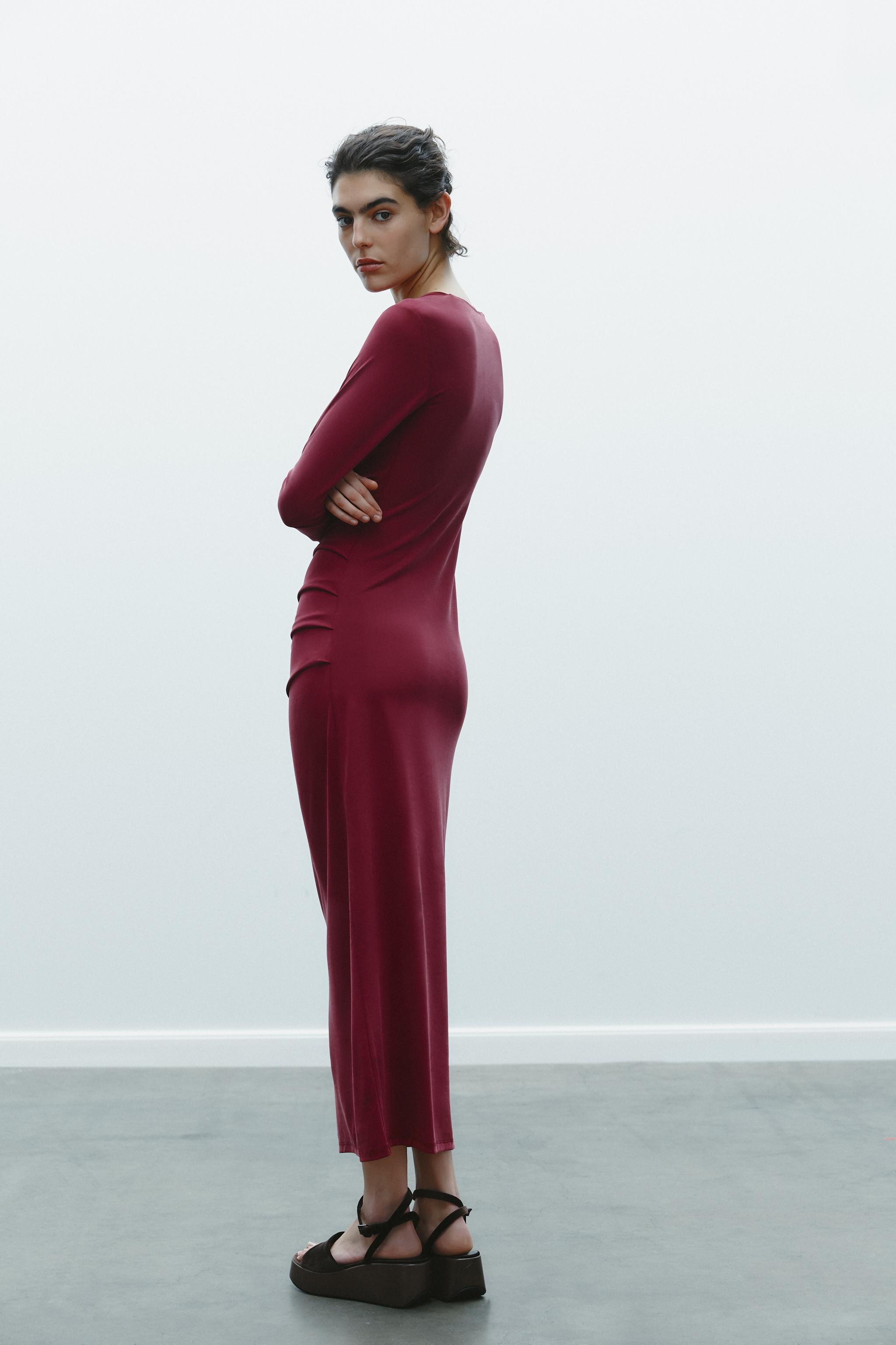 ドレープネックミディ丈ワンピース - レッド | ZARA Japan / 日本