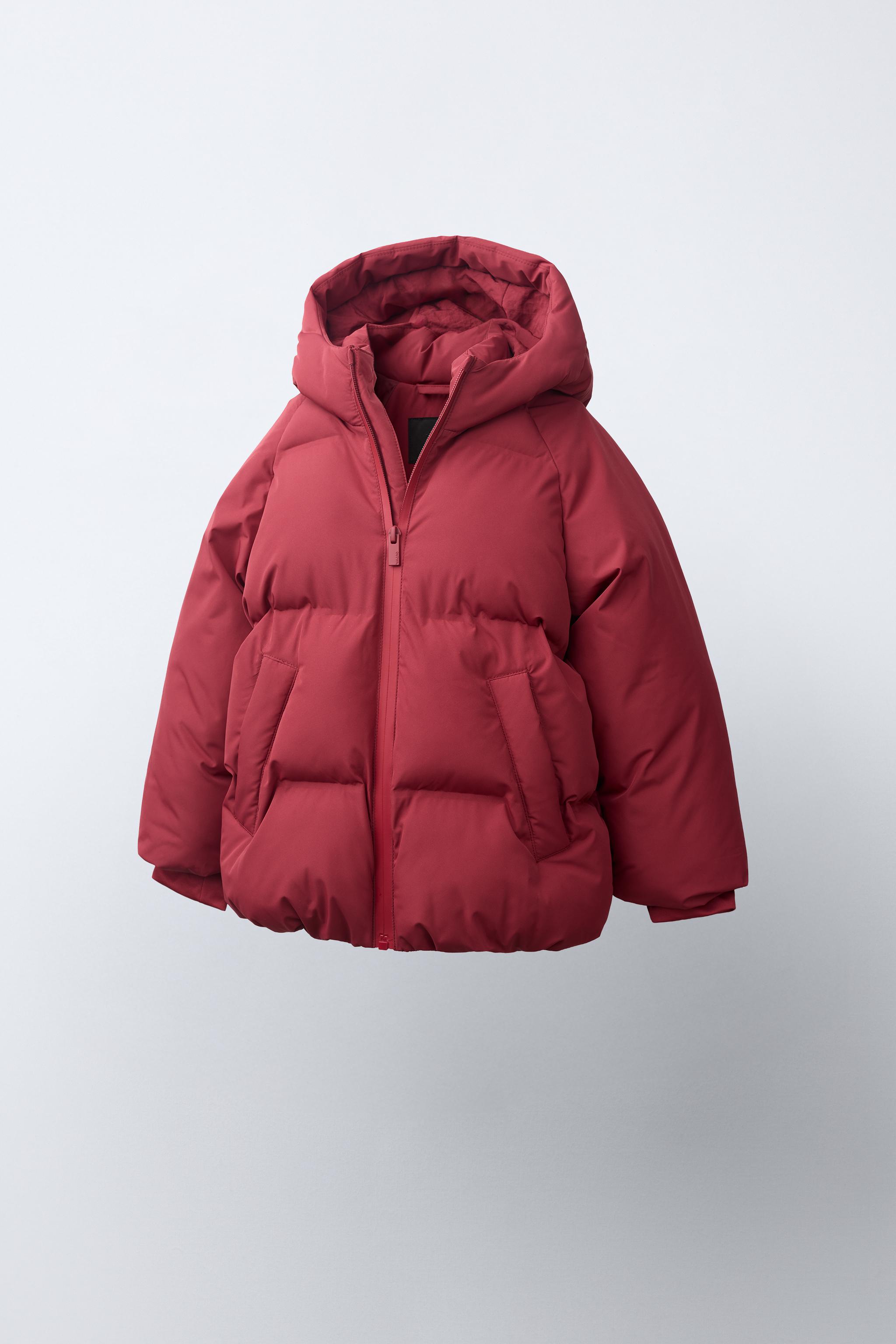 WATER REPELLENT HOODED PUFFER COAT — Dark red