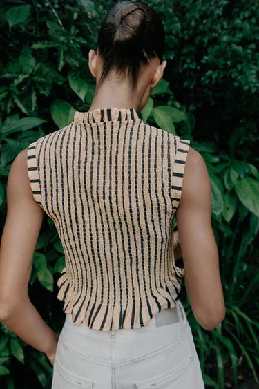 STRIPED SMOCKED TOP - Ecru / Black by Zara - Image 4