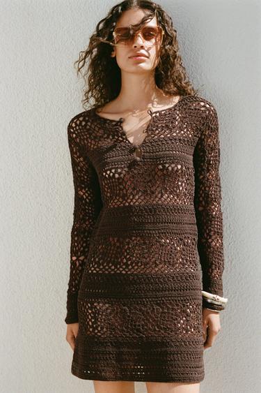 CROCHET KNIT MINI DRESS - Brown by Zara
