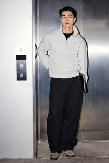 Zara 基本款拉鍊領運動衫 - 斑紋灰色