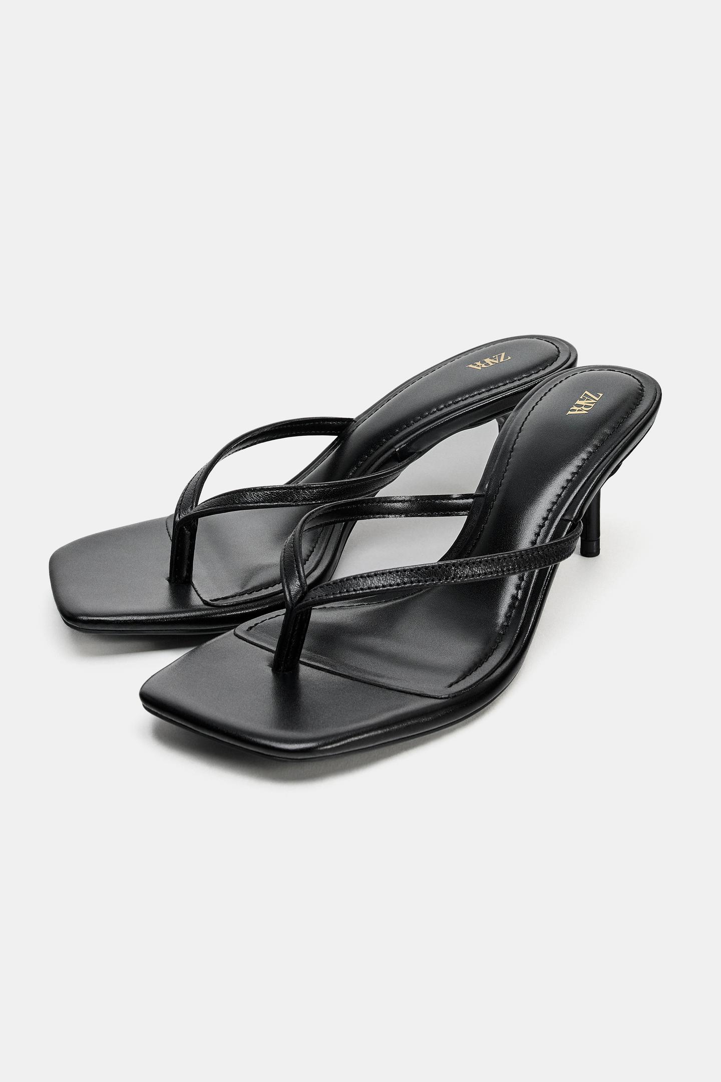 Женские сандалии Zara Leather Strap Heeled, цвет: Чёрный — фото 2