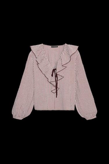 BLUSA VOLANTES CUADROS LAZO - burdeos/crudo de Zara - Imagen 0