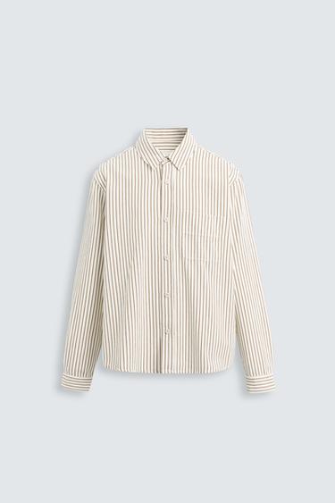 Zara STRIPED RELAXED FIT SHIRT - taupe brown