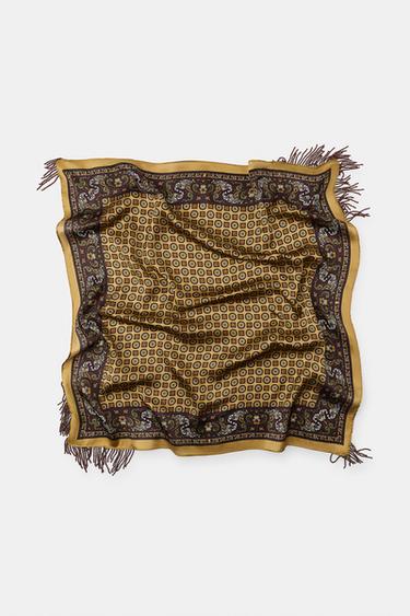 SATIN PRINT SCARF WITH FRINGE - Mustard by Zara