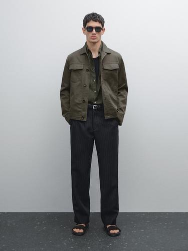 Zara Cotton and linen jacket with pockets - Dark khaki