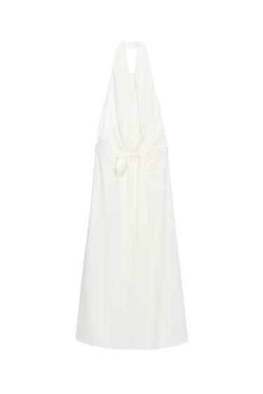 Front view of an , sleeveless midi dress with a halter neckline and a bow at the waist.