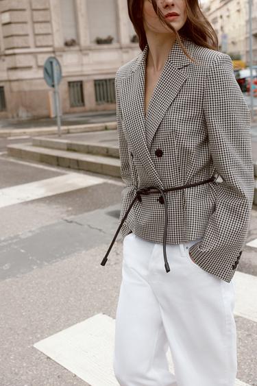 GINGHAM CHECK CROPPED BLAZER WITH BELT - Ecru / Black by Zara - Image 2