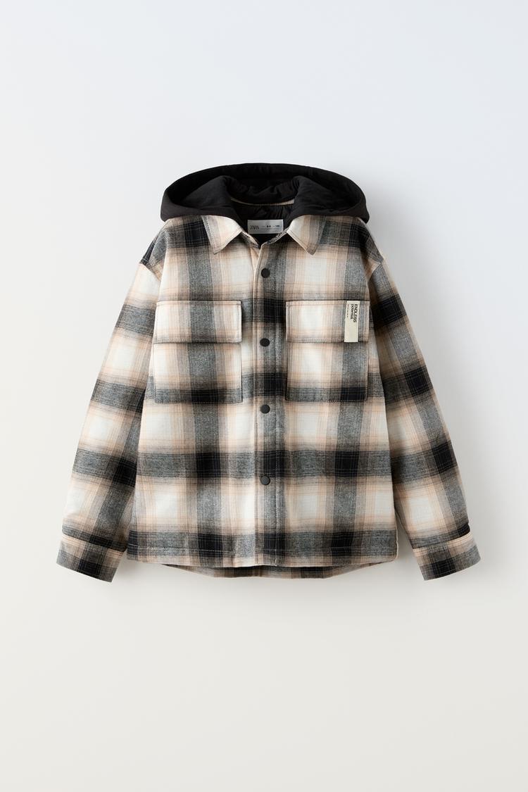 PADDED CHECK HOODED OVERSHIRT Black ZARA New Zealand