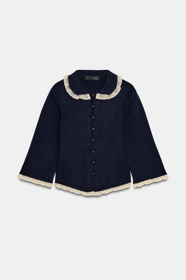 GILET EN MAILLE COL CLAUDINE AVEC DENTELLE - Bleu marine de Zara - Image 5