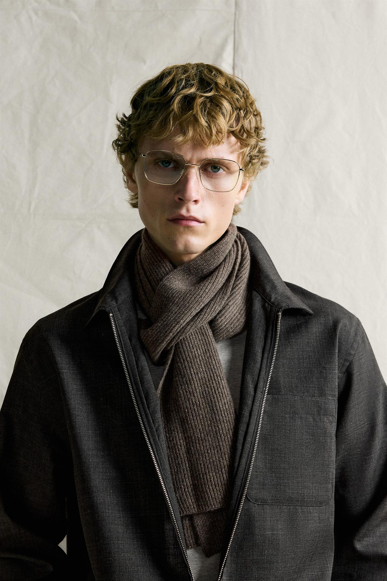 WOOL AND CASHMERE BLEND KNIT SCARF — Tan marl