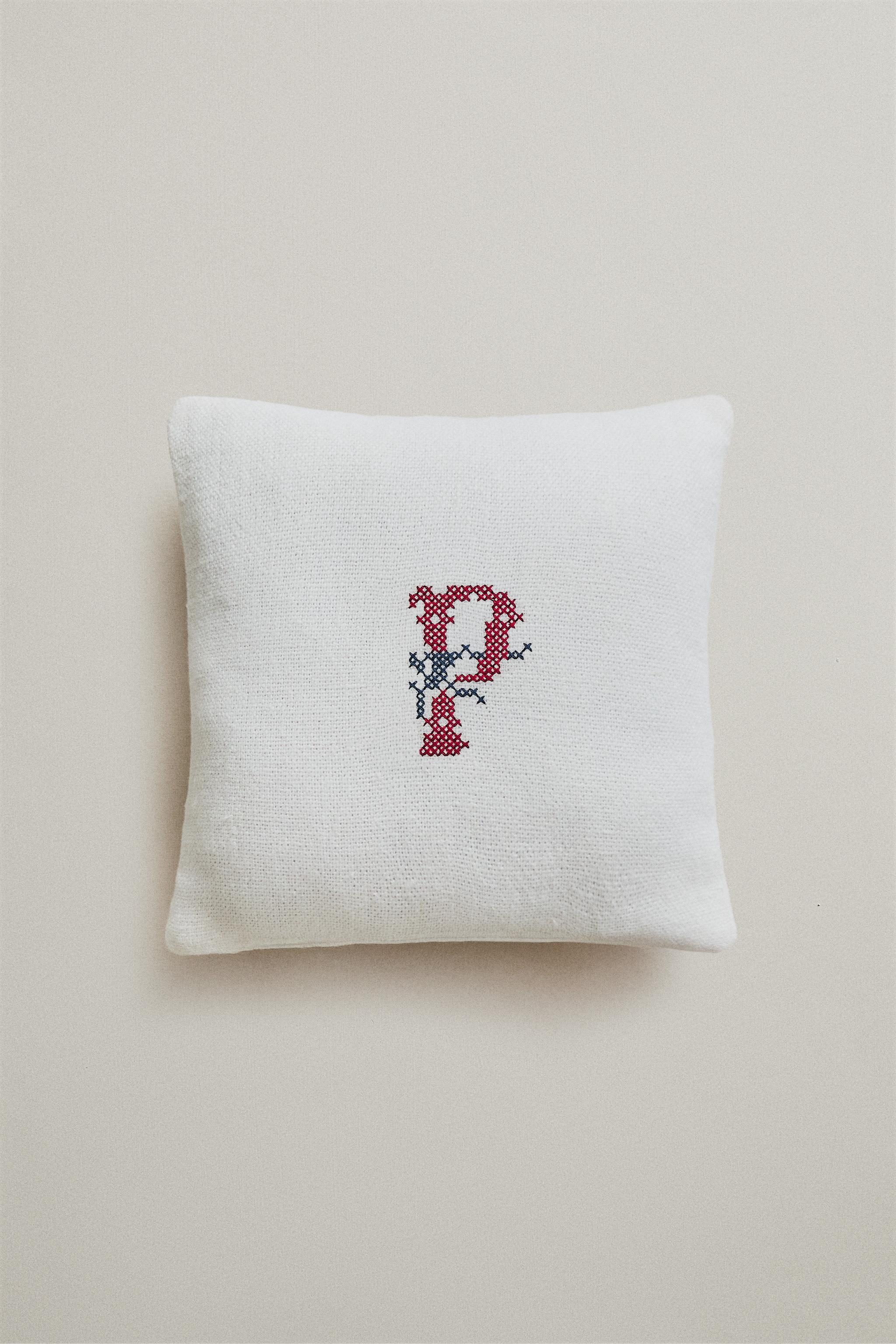 LETTER P EMBROIDERED LINEN CUSHION
