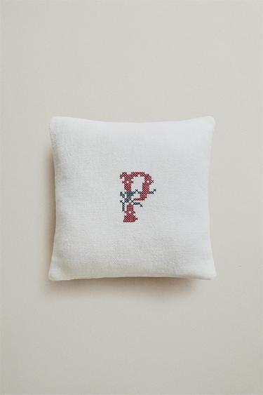 LETTER P EMBROIDERED LINEN CUSHION — Ecru 1