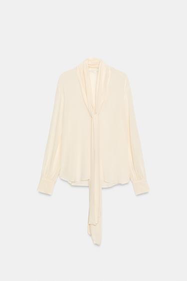 SEMI-SHEER SHIRT WITH TIE - Mid-ecru by Zara - Image 0
