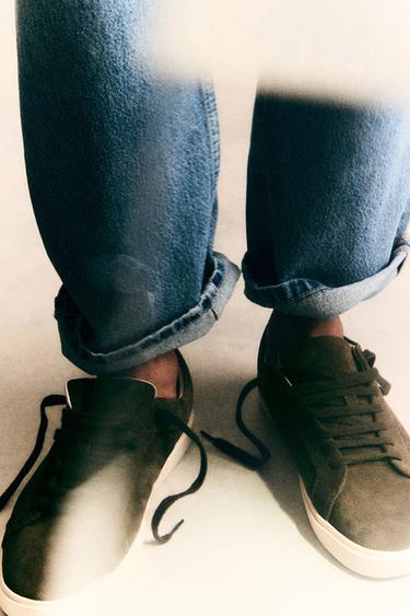 BASKETS EN CUIR - Vert kaki de Zara