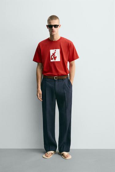 Zara 撞色圖案印花 T 恤 - 白色 / 紅色 - 圖片 0