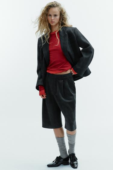 LONG CHECK BERMUDA SHORTS WITH PLEATS - Grey marl by Zara