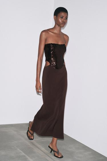 Zara SEQUIN CUT-OUT COMBINATION DRESS - Brown