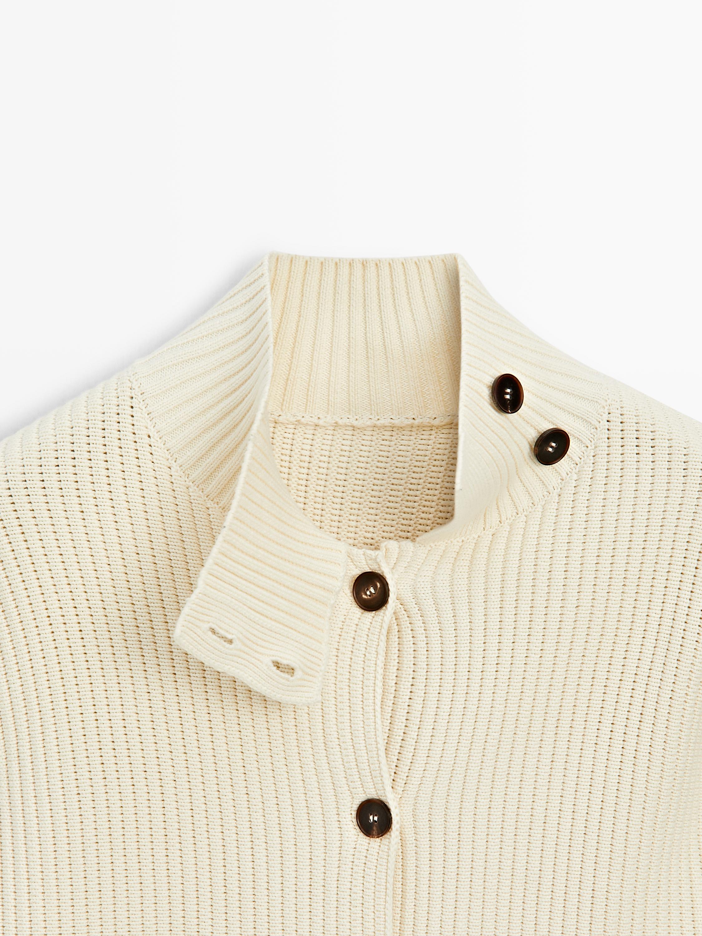 Cotton high neck knit cardigan
