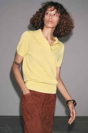 SHORT SLEEVE KNIT POLO TOP - Yellow by Zara