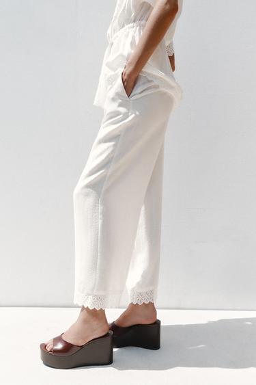Zara RAMIE PANTS WITH LACE TRIM - Oyster-white
