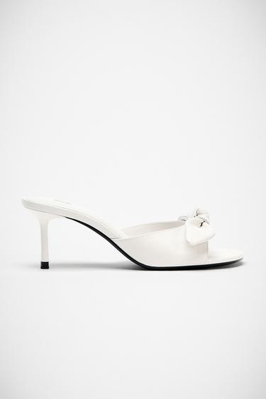 Zara LEATHER BOW HEELED SANDALS - white