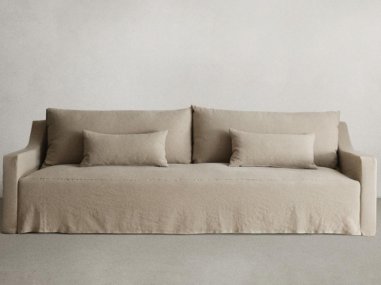 SOFA WITH REMOVABLE WASHED LINEN COVER — Light beige