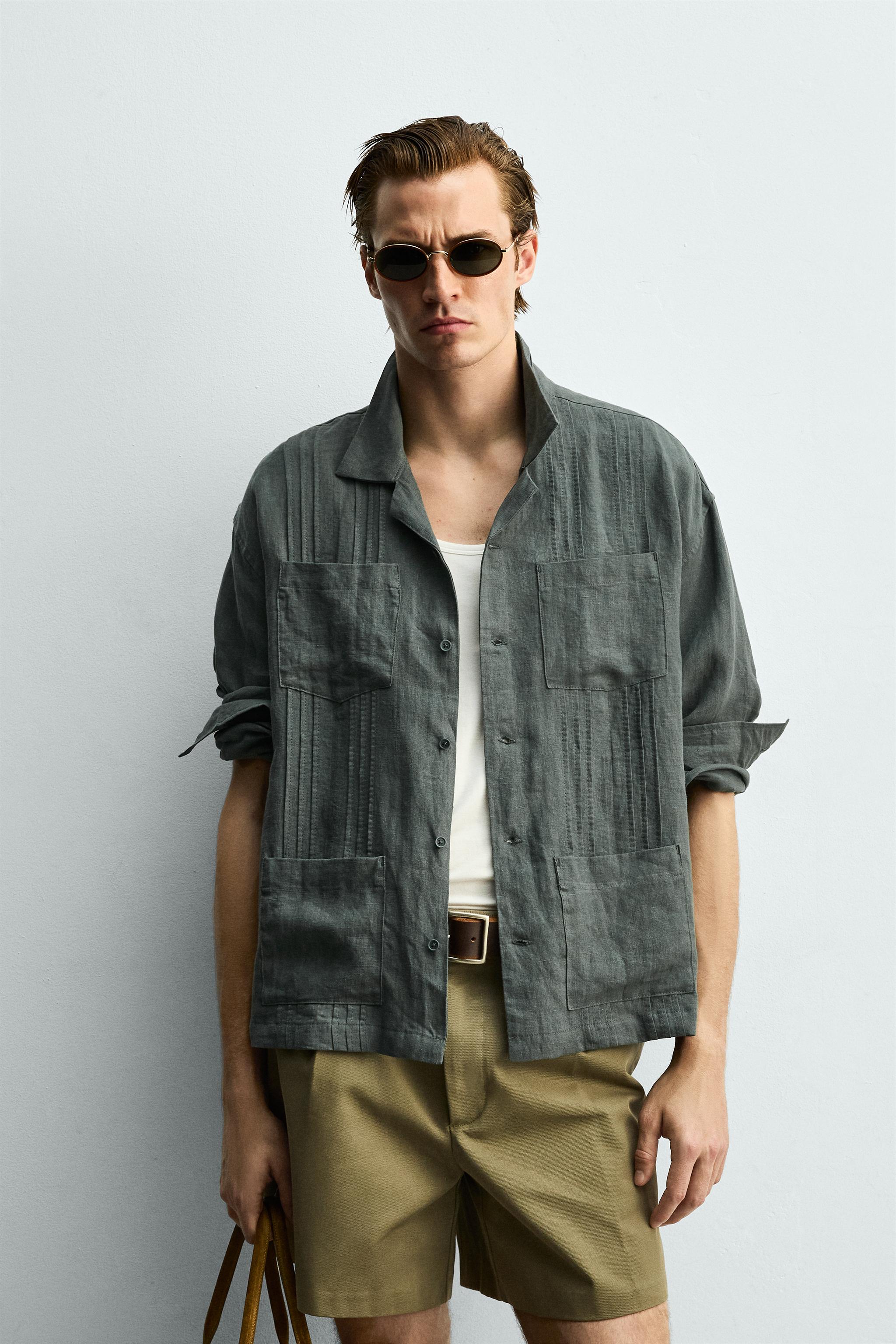 RELAXED FIT 100% LINEN PLEATED SHIRT — Duck green