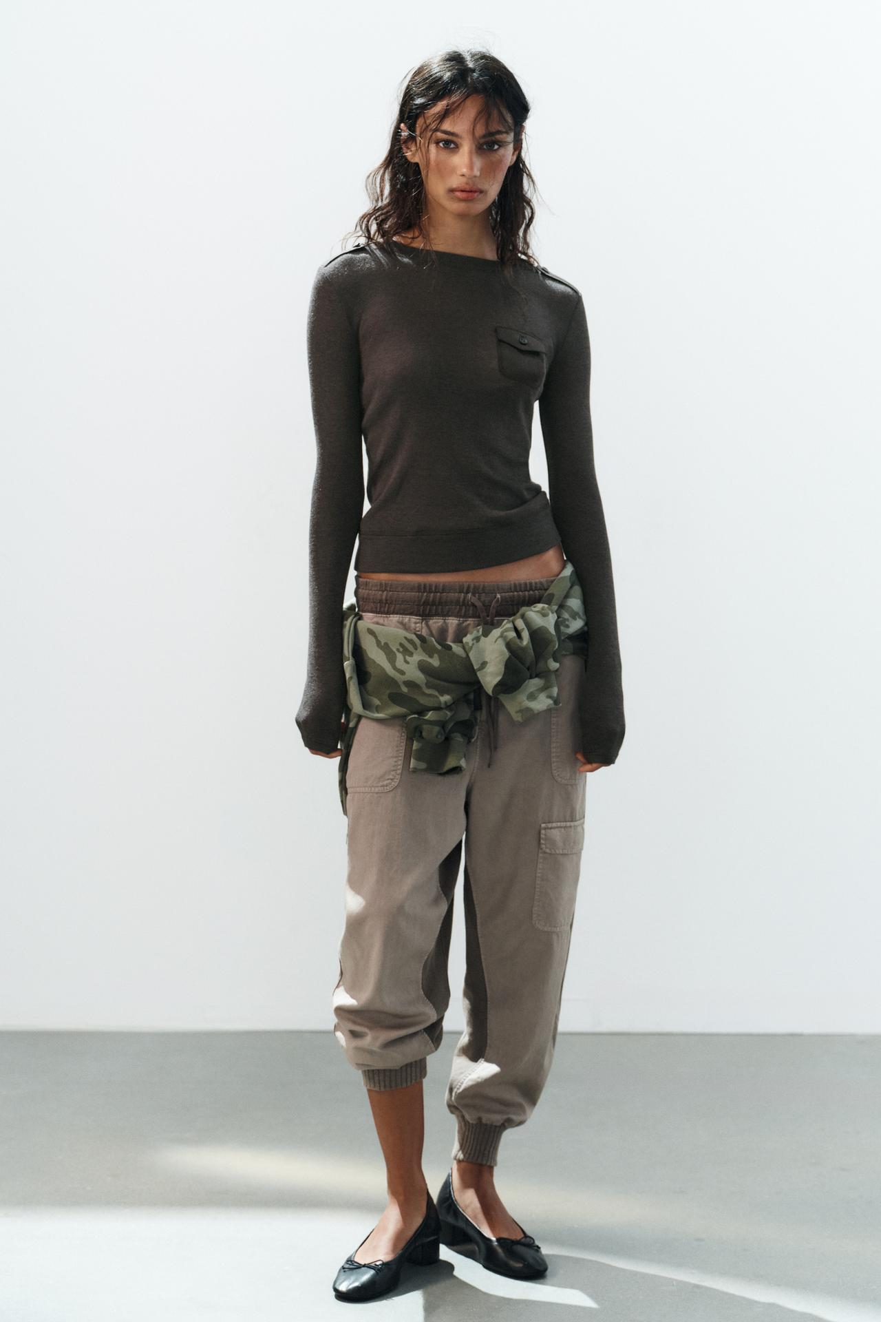 Combined Top with Tabs and Pocket — Brown / Taupe